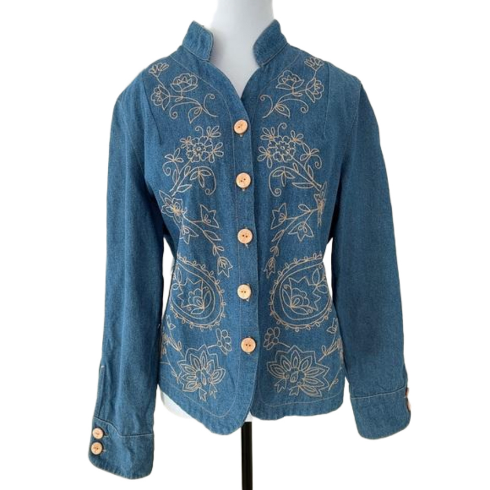 RUBY RD. Denim Embroidered Jacket Mandarin Collar Contrast Cuff Western Boho